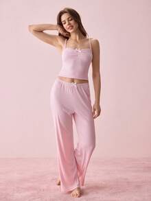Bonmuse 2 Pcs Women's Lingerie Set Pink Bow-Adorned Strappy Women's Nightgown Top & Pants Women's Sleep Pants Stretchy, Comfortable, Cute & Elegant Holiday Attire Home & Outings Pajama Setfor Summer - Pink - View 7