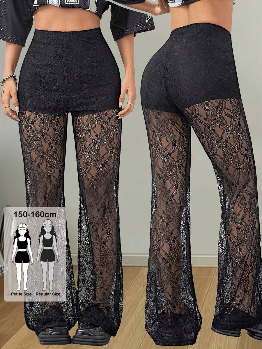 SHEIN Coolane Petite Trang phục mùa hè dáng nhỏ dành cho nữ, thích hợp đi dự tiệc, hòa nhạc, phong cách punk gợi cảm, đi chơi sang trọng, quần ống loe cạp cao màu đen có ren co giãn, ôm sát eo, phù hợp với dáng người nhỏ nhắn. - màu đen - Xem 1