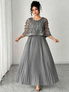 Elenzga Plus Size Women Elegant 3D Floral Mesh Pleated Dress - Grey - View 1