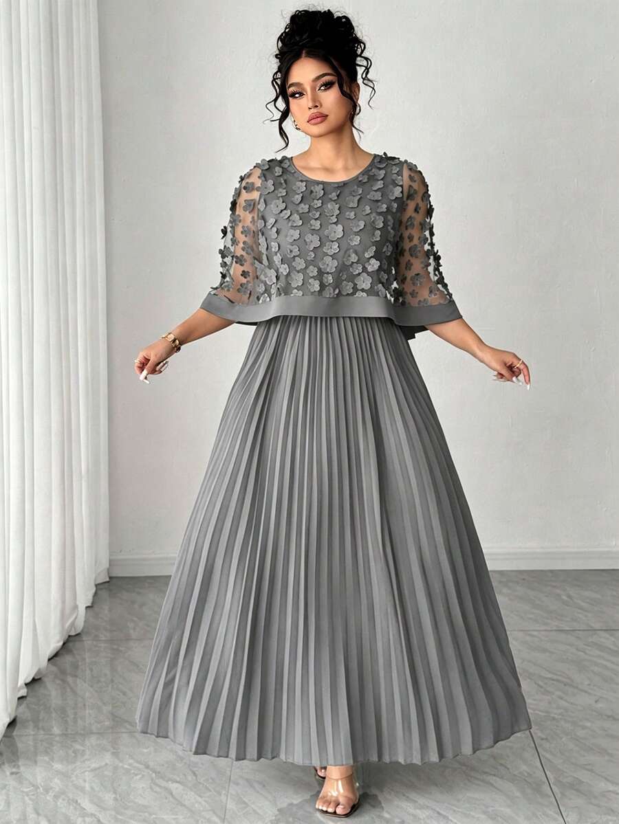 Elenzga Plus Size Women Elegant 3D Floral Mesh Pleated Dress - Grey - View 1