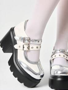 ROMWE Kawaii Giày cao gót nữ Diablo phong cách Rock Punk Goth, mũi kín, kiểu Mary Jane, da nhỏ, gót thô, phong cách Brock Y2K, giày dự tiệc. - Bạc - Xem 4
