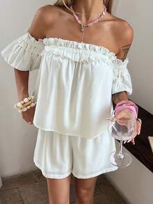 DAZY 2pcs Women's White Ruffled One-Shoulder Blouse Set, Loose Fit - White - View 4