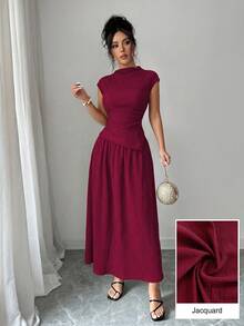 Modelyn Abito elegante da donna in stile francese, a tinta unita, estivo, aderente, con vita arricciata, plissettato e ampio gonna, adatto per occasioni formali - Bordò - Visualizzare 8