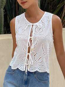 DAZY Áo khoác vest mùa hè thanh lịch dành cho nữ, không tay, thắt dây, chất liệu vải khoét lỗ, thêu họa tiết nổi bật. - trắng - Xem 3