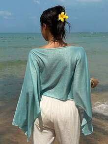 Sunnyshic Top châle à épaules dénudées avec fil métallique bleu clair pour femmes - Bleu lagon - Voir 2