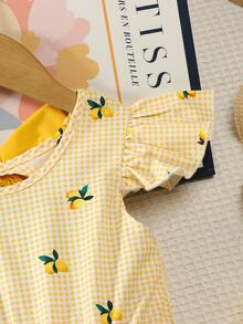 SHEIN Girls' Lemon Print Dress,Summer Fairy White Plaid Holiday,Flutter Sleeve,Ruffle Hem,Back Bow Cutout,Casual & Matching For Family Vacation,Fresh Cute - Yellow - View 4