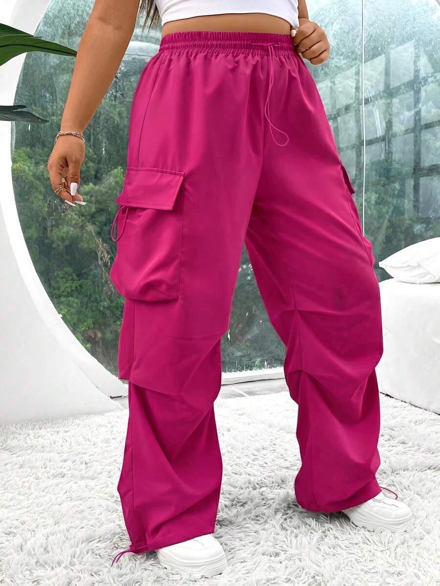 SHEIN EZwear 大码女式弹力腰带口袋休闲日常裤 - 玫紅色 - 查看 1