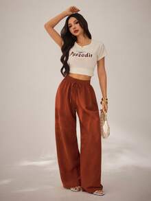 SHEIN PETITE 女士纯色系带宽松直筒休闲裤，适合冬季、圣诞节和春季穿着。 - 紅木色 - 查看 7