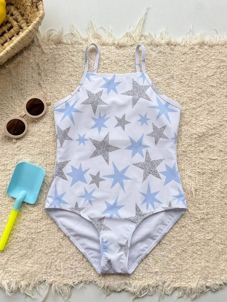Tween Girls' Star Print One-Piece Swimsuit, Snug Fit One-Piece Swimwear Vacation