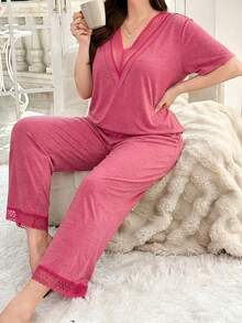 Softscene Plus Size Lace Trim Deep V Sleepwear Set - Hot Pink - View 4