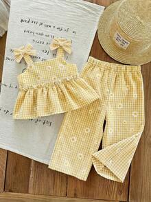 SHEIN LMoss Kids LMoss Baby Girls Summer Cute Striped Camisole And Elastic Waist Pants 2 Pieces Set - Multicolor - View 3