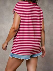 EMERY ROSE Plus Size Pink Horizontal Striped Print Round Neck Dolman Short Sleeve Patch Pocket Curved Hem Casual T-Shirt Women Summer Vacation Tee Gym Holiday - Multicolor - View 2