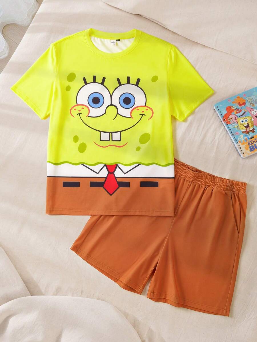 SpongeBob SquarePants | SHEIN Piyama Pria Motif Kartun Lucu, Atasan Lengan Pendek dan Celana Pendek, Musim Panas - Kuning - View 1