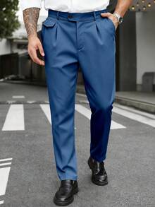 Manfinity Mode Men Plus Size Solid Color Pleated Casual Formal Suit Pants With Belt Loops, Ceremony - Dusty Blue - View 3