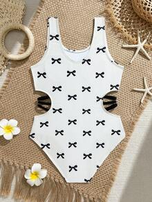 SHEIN Tween Girl Cute Casual Bow Print Cutout One-Piece Swimsuit, Suitable For Swimming, Beach, Pool, Summer Party - Multicolor - View 2