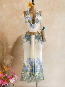 Soleia New Back To School Casual Vacation Western Beach Wedding Guest Outfit Graduation Brunch Women's Clothing St. Patrick's Day Spring Break Easter Music Festival Elegant Bohemian Tropical Elegant Mesh Print Sexy Deep V Cowl Neck Metal Decor Elegant Women's Outfit Women's 2-Piece Set - Multicolor - View 1