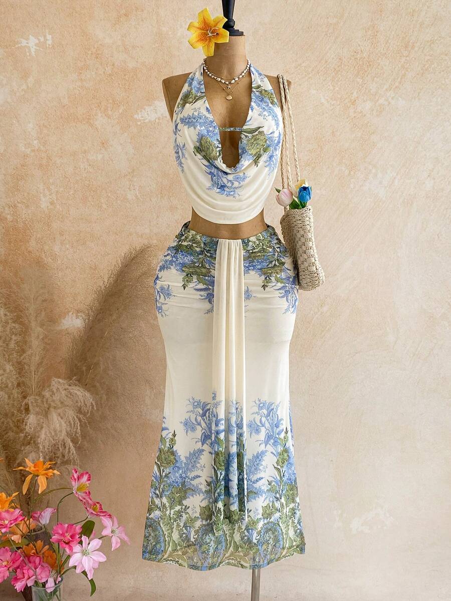 Soleia New Back To School Casual Vacation Western Beach Wedding Guest Outfit Graduation Brunch Women's Clothing St. Patrick's Day Spring Break Easter Music Festival Elegant Bohemian Tropical Elegant Mesh Print Sexy Deep V Cowl Neck Metal Decor Elegant Women's Outfit Women's 2-Piece Set - Multicolor - View 1
