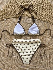 Soleia Conjunto de traje de baño de mujer con estampado de lunares y ribete de contraste - Multicolor - Ver 2