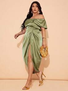 SHEIN BAE Plus Size Women Elegant Draping Mid-Length Dress, Suitable For Weddings, Bridesmaid, Cocktail And Formal Occasions - Mint Green - View 4