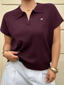 Dazy Plus Blusa de punto holgada de unicolor con cuello medio abierto y manga corta, adecuada para primavera/verano y uso diario, talla grande - Burdeos - Ver 3