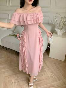 Modelyn Rosa chiffongklänning med off-shoulder och volang i midjan, elegant för kvinnor, lämplig för semester - Rosa - Visa 3