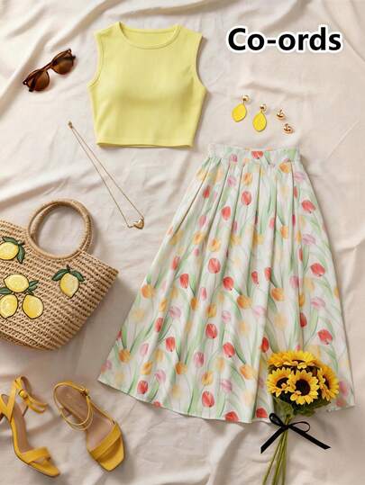 GlowEve Women's Solid Color Knit Vest & Tulip Flower Print Skirt Sweet Casual Women 2-Piece Set, Spring/Summer,Everyday Elegance. Elegant,Casual,Casual For Women,Romance, Dating