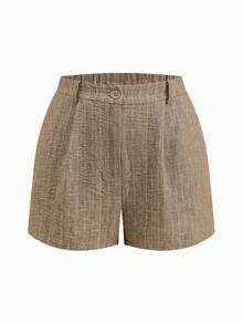 Conjunto de 2 piezas para mujer: Chaleco de metal de un solo pecho y shorts para el verano - Caqui - Ver 3