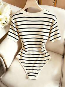 SHEIN Franclia Bộ đồ liền thân thanh lịch, kiểu dáng cổ chữ V kẻ sọc, thích hợp mặc hàng ngày và trong các kỳ nghỉ. - Nhiều màu - Xem 2