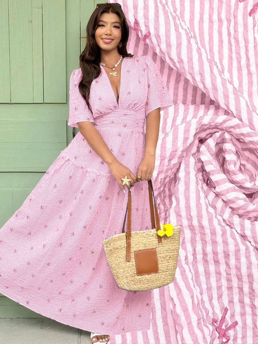 Vionelle Plus Size French Style Casual Striped Print Spring/Summer Regular Dress Vacation Pink - Pink - View 1