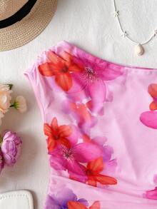 SHEIN Áo thun nữ tuổi teen kiểu lệch vai, in họa tiết tie-dye, cổ bèo nhún, áo kiểu lệch vai, trang phục mùa xuân/hè, đồ đi biển, đi làm, thanh lịch, đi nghỉ mát, bãi biển, phong cách boho, Hawaii, lễ hội âm nhạc, hẹn hò - Hồng - Xem 7