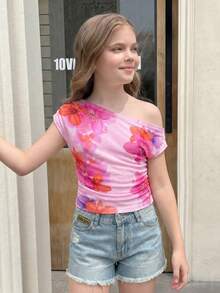 SHEIN Áo thun nữ tuổi teen kiểu lệch vai, in họa tiết tie-dye, cổ bèo nhún, áo kiểu lệch vai, trang phục mùa xuân/hè, đồ đi biển, đi làm, thanh lịch, đi nghỉ mát, bãi biển, phong cách boho, Hawaii, lễ hội âm nhạc, hẹn hò - Hồng - Xem 8