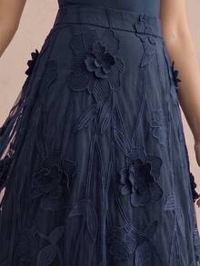 Anewsta Summer New Elegant Mesh 3D Floral A-Line Midi Skirt, Suitable For Daily Wear, Vacation, Dates - Blue - View 2