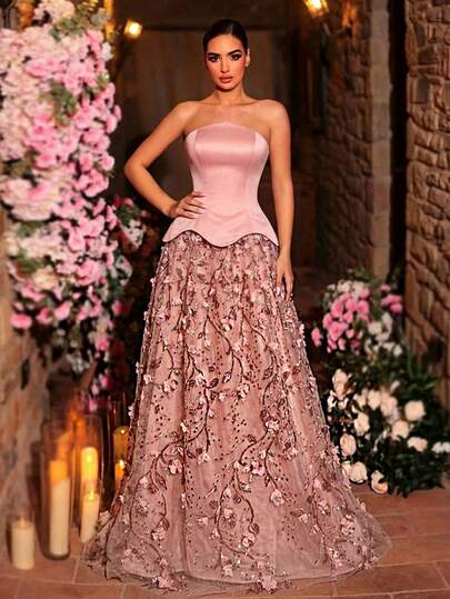 Glamrae Elegante vestido de noche formal de satén con bordado de flores 3D, cuentas y lentejuelas (muy adornado), con cuello de cinta de lazo desmontable. Adecuado para citas, vacaciones, fiestas de solteros, bodas, eventos de regreso a la escuela y todas las ocasiones formales.