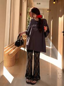 DAZY Women's Niche Lace Patchwork Design Flared Leg Pants - Black - View 3