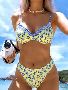 Swim Mod Summer Vacation Sweet Floral Ruffle Spaghetti Strap Backless Tie-Up Bikini Set - Multicolor - View 1