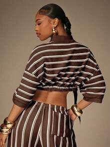 Denimoi Cropped Collared Knit Top Vacation Outfits Cropped Polo Shirt - Multicolor - View 3