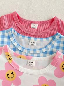 SHEIN Playful Pals 6件套女婴休闲可爱舒适冰淇淋图案及标语印花短袖上衣和短裤套装，适合春夏外出和日常穿着 - 彩色 - 查看 5