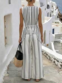 SHEIN Holidaya Women's Elegant Coastal Vacation Casual Beach Resort Greek Town Outfit, Sleeveless 2 Pieces Set Black And White Striped Summer - Beige - View 2