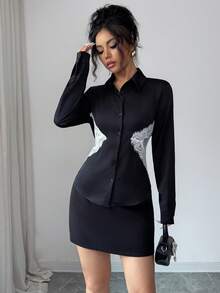 Modelyn 女士法式性感蕾丝拼接缎面收腰长袖职业装衬衫 - 黑色 - 查看 6