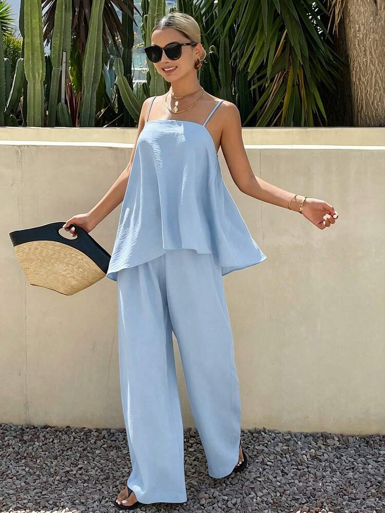 Women's Summer Vacation Outfit, Loose Camisole Top And Casual Pants 2 Pieces Set