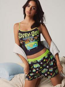 SCOOBY-DOO X SHEIN 女士字母卡通印花吊带背心和短裤休闲家居服睡衣套装 - 黑色 - 查看 1