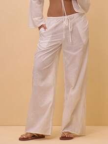 Musera Resort Shell Sea Print Drawstring Wide Leg Linen Trousers Beachwear Summer Vacation Beach Boho Ibiza Holidaywear Thalassa - White - View 2