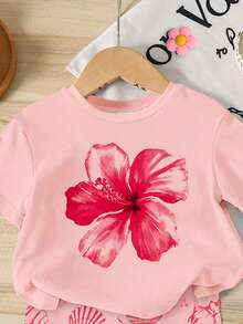 SHEIN 1套女童扶桑花、海洋生物、貝殼與蝴蝶結印花圓領T恤與單車短褲，夏季度假家庭旅行套裝 - 彩色 - 查看 3