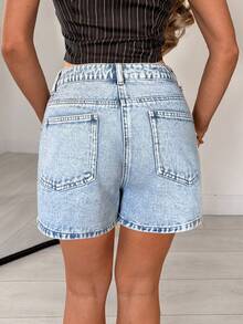TRNVIE Celana Pendek Denim Kasual Modis Seksi dengan Kancing Depan dan Pinggang Rendah, Warna Biru Muda, Cocok untuk Acara Malam Hari di Musim Panas - Light Wash - View 2