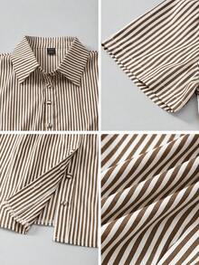 SHEIN Almamuse Áo sơ mi nữ ChicEase kiểu Pháp dáng ôm, kẻ sọc vàng trắng, tay ngắn, thanh lịch, thích hợp mặc công sở. - màu nâu - Xem 8