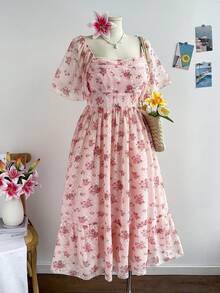 Soleia Đầm maxi cỡ lớn dành cho nữ, họa tiết hoa xanh trắng cổ điển, tay bồng, eo chun, thích hợp cho kỳ nghỉ hè, đi học, đi ăn trưa hoặc dự tiệc độc thân. - Hồng - Xem 4
