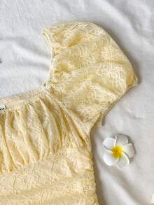 SHEIN Đầm dáng chữ A cổ vuông, eo nhún, ren, thanh lịch cho bé gái tuổi teen, thích hợp cho kỳ nghỉ, màu vàng. - Màu vàng - Xem 7