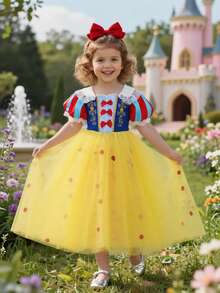 SHEIN Glamorique Kids 小女孩公主裙，泡泡袖，黄色网纱连衣裙，蝴蝶结，带披肩，蕾丝边，生日派对，婚礼，节日，夏季连衣裙 - 黃色 - 查看 2