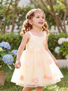 SHEIN Glamorique Kids Đầm dự tiệc không tay cho bé gái màu mơ, chất liệu lưới thêu họa tiết và có nơ trang trí, chân váy xòe bồng bềnh dễ thương, thích hợp cho sinh nhật, đám cưới, lễ hội. - Màu be - Xem 5