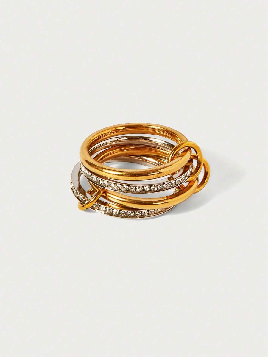 Glisma 1pc 18K Gold Plated Stainless Steel Zirconia Decor Multi-Layer Circle Ring, Suitable For Men And Women Everyday Wear And As Gift - Multicolor - View 1